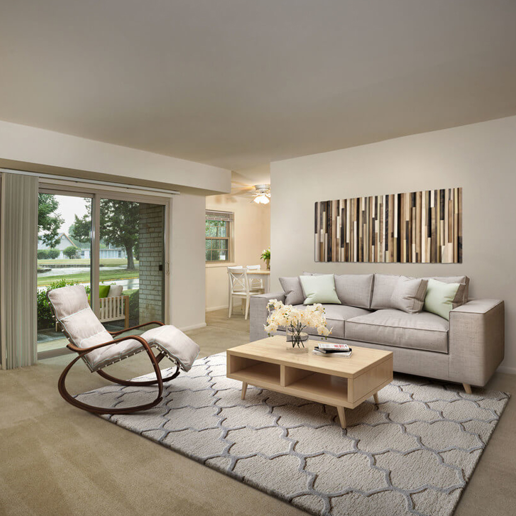 Beautiful, light-colored, staged living room