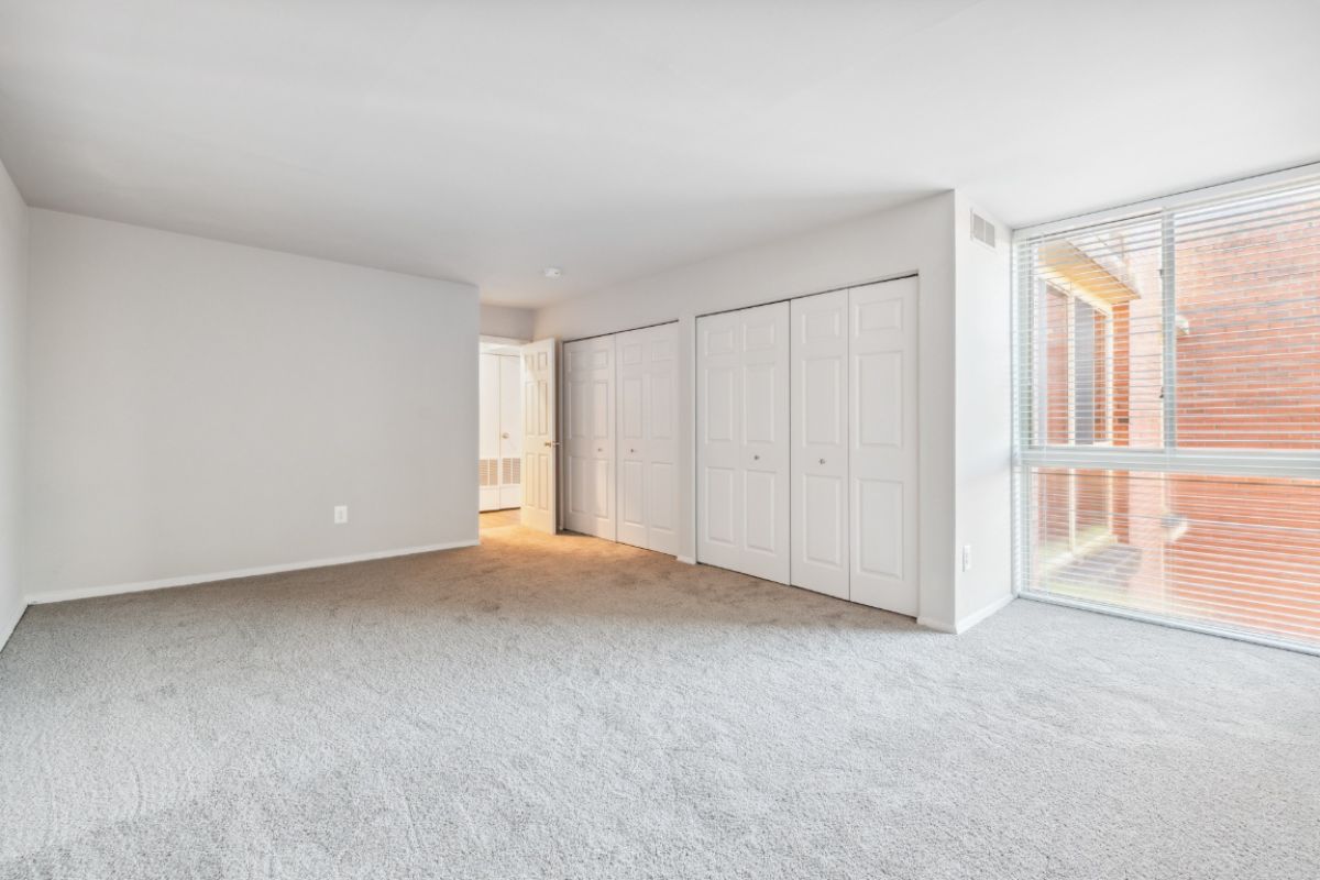 carpeted living space with closets and a large window