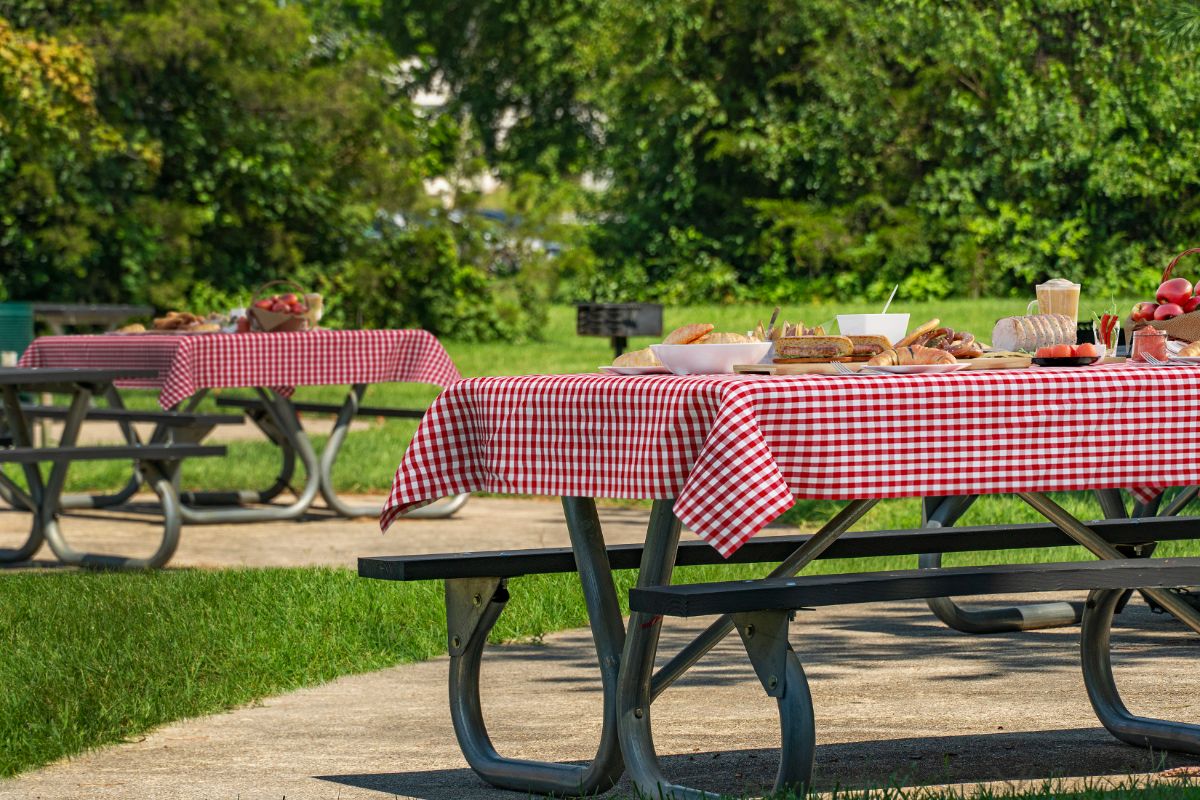 staged outside Picnic table