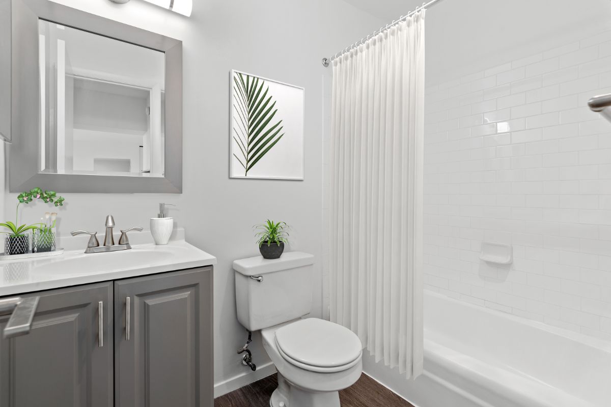 staged white and gray bathroom